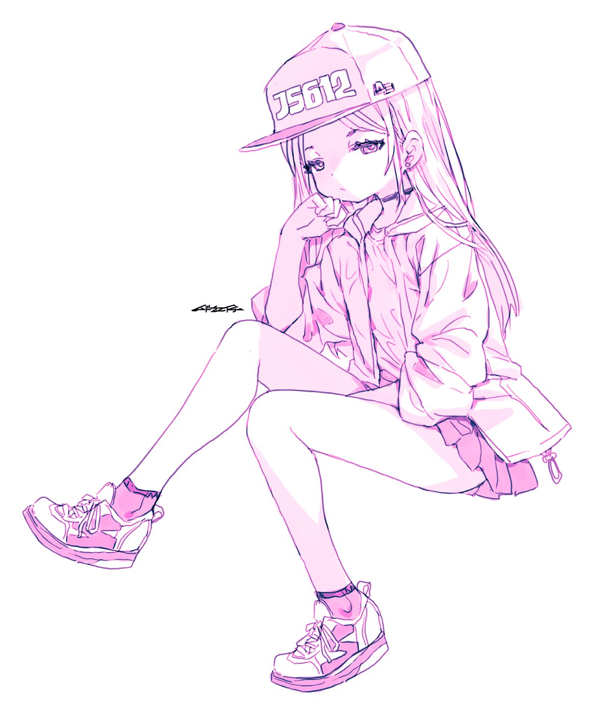 mudou eichi, original, highres, 1girl, choker, earrings, hand on own face, hat, jacket, jewelry, looking at viewer, pink eyes, pleated skirt, shoes, sitting, skirt, sneakers, solo, white background, white hair