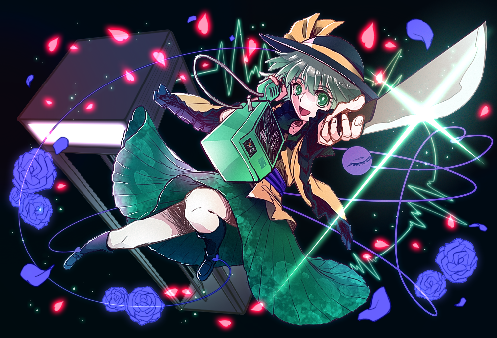 demekko-222, komeiji koishi, touhou, 1girl, black background, black shoes, black socks, blue flower, blue rose, collared shirt, flower, frills, full body, green eyes, green hair, green skirt, hair between eyes, hat, holding, holding knife, knee up, knife, koishi day, legs, long sleeves, looking at viewer, medium hair, open mouth, petals, phone, phone booth, puffy sleeves, rose, shirt, shoes, skirt, smile, socks, solo, thighs, third eye, yellow shirt