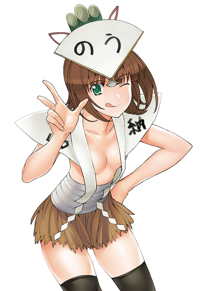 a1 (initial-g), amami haruka, idolmaster, idolmaster (classic), idolmaster 1, 00s, 1girl, black thighhighs, breasts, brown hair, female focus, green eyes, hand on own hip, looking at viewer, simple background, solo, thighhighs, tongue, tongue out, white background, zettai ryouiki