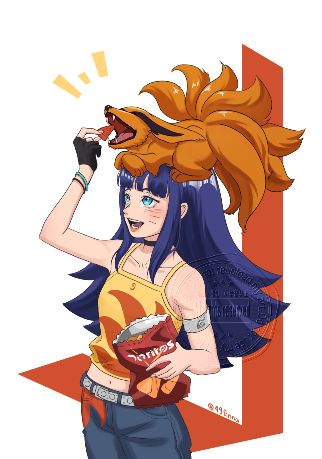 kurama (naruto), uzumaki himawari, boruto: naruto next generations, doritos, naruto (series), highres, 1boy, 49enna, animal, animal on head, bare shoulders, blue eyes, blue hair, blue pants, cowboy shot, denim, facial mark, feeding, fox, kitsune, kyuubi, multiple tails, on head, open mouth, pants, tail, tank top, whisker markings, yellow tank top