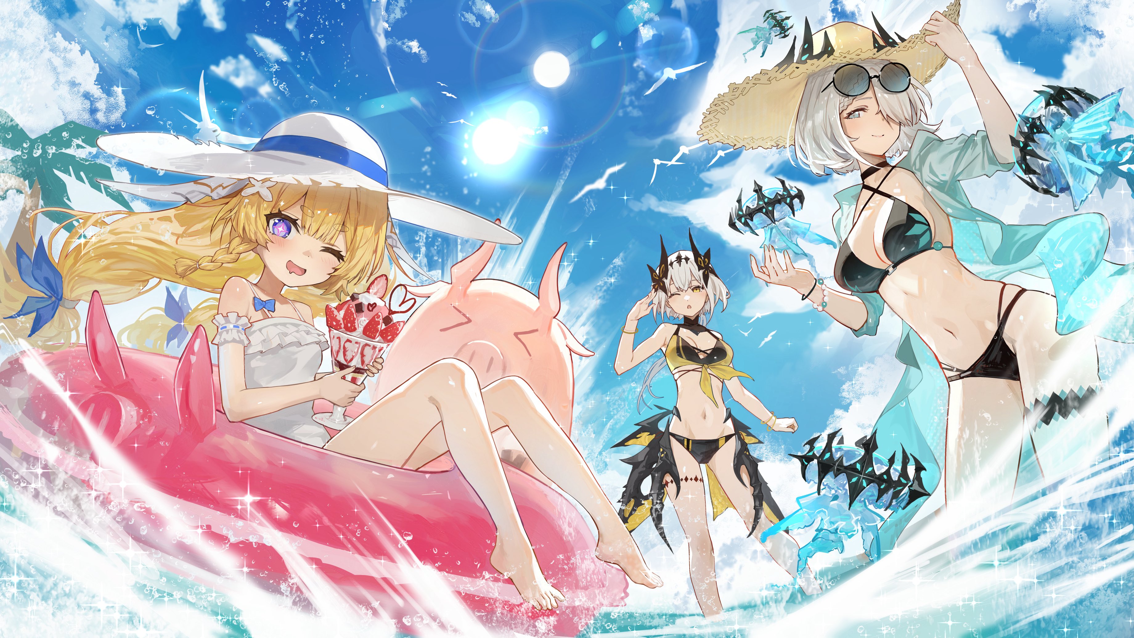hidulume, filbert (duet night abyss), psyche (duet night abyss), truffle (duet night abyss), duet night abyss, absurdres, character request, check character, commentary request, highres, > <, 3girls, arm strap, bangle, bikini, bird, black bikini, black choker, blonde hair, blue bow, blue eyes, blue skirt, blunt bangs, blush, bow, bracelet, braid, choker, cloud, cloudy sky, drooling, eyewear on head, food, fruit, grey hair, hair between eyes, hair ornament, hair over one eye, hat, holding, holding food, innertube, jellyfish, jewelry, lens flare, long hair, multiple girls, navel, ocean, one-piece swimsuit, one eye closed, open clothes, open mouth, outdoors, palm tree, parfait, pig, pink innertube, seagull, short eyebrows, short hair, single braid, sitting, skirt, sky, smile, standing, star (symbol), star in eye, stomach, straw hat, strawberry, sun, sun hat, sunglasses, swim ring, swimsuit, symbol in eye, thigh strap, tree, twintails, wading, white one-piece swimsuit, yellow bikini, yellow eyes
