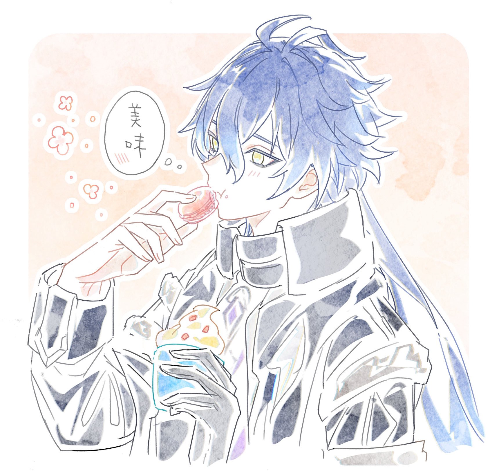 flins (genshin impact), genshin impact, highres, 1boy, black gloves, black jacket, blue hair, blush, eating, food, food on face, gloves, hair between eyes, high collar, holding, holding food, jacket, kotooooo88, long hair, long sleeves, low ponytail, male focus, ponytail, single glove, solo, upper body, yellow eyes