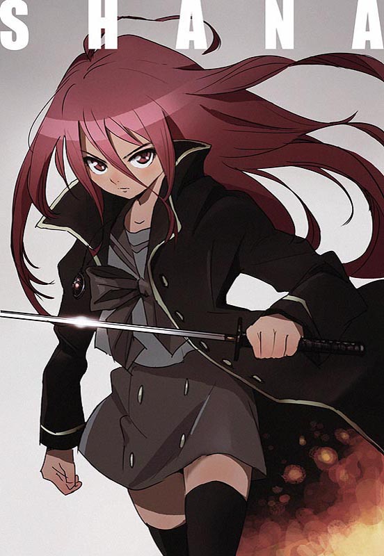 kikuchi, kikuchi (xpoz), alastor (shakugan no shana), shana, shakugan no shana, jpeg artifacts, 00s, 1girl, female focus, jewelry, pendant, red hair, school uniform, serafuku, solo, sword, thighhighs, weapon, zettai ryouiki