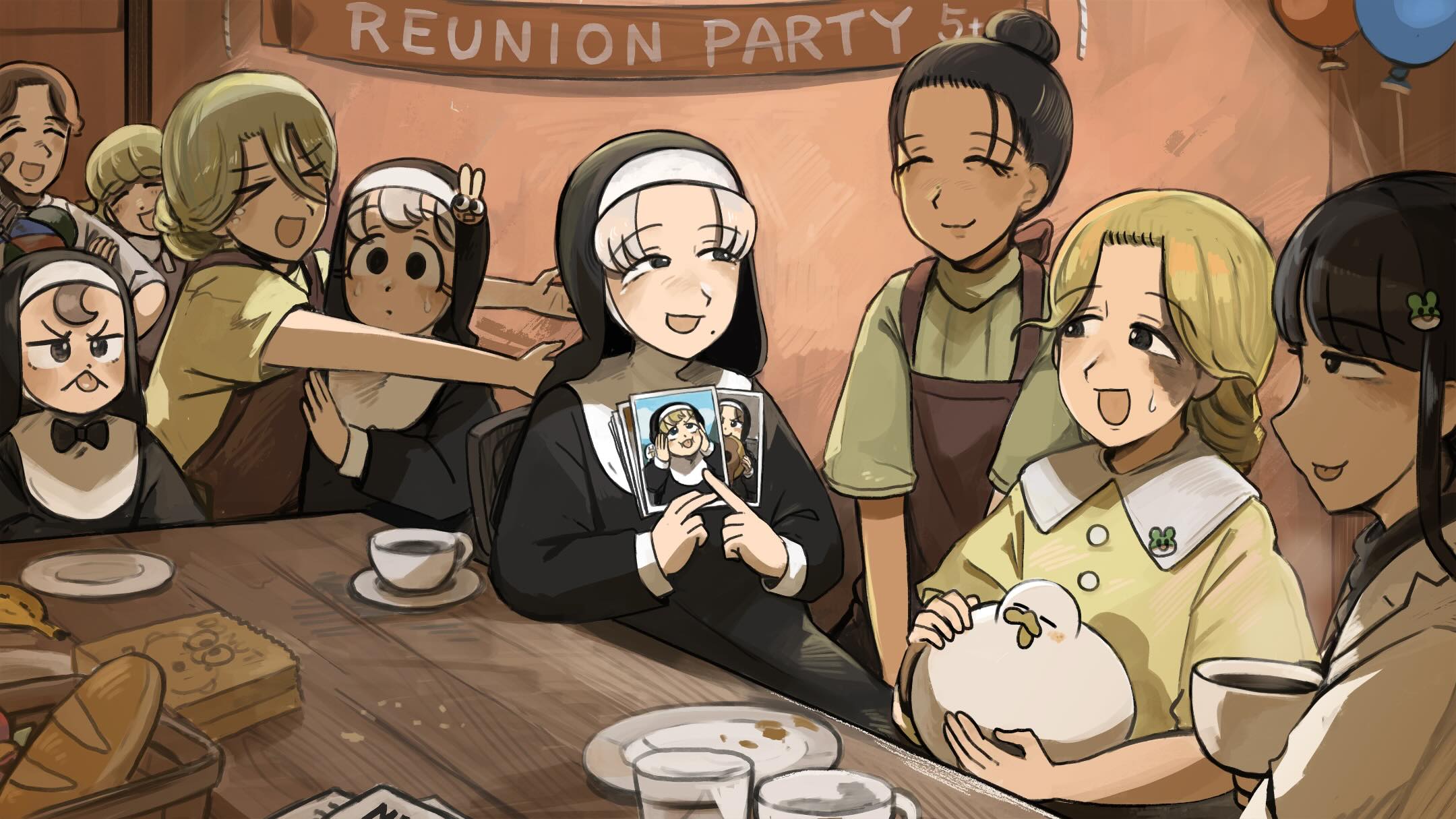 diva (hyxpk), bunny nun (diva), froggy nun (diva), smug nun (diva), little nuns (diva), commentary, english commentary, highres, 6+girls, :d, bag, baguette, balloon, banana, bird, black bow, black bowtie, black eyes, black hair, blonde hair, bow, bowtie, bread, brown eyes, brown hair, burn scar, burn scar girl (diva), chicken, closed eyes, closed mouth, cup, dot mouth, duck, eyelashes, food, frog hair ornament, fruit, grey hair, hair bun, hair ornament, holding, holding photo, long hair, mug, multiple girls, nun, open mouth, paper bag, photo (object), plate, rabbit hair ornament, scar, smile, tongue, tongue out, traditional nun, wide-eyed