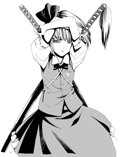 ichihara yuu, konpaku youmu, touhou, 1girl, female focus, greyscale, hair ribbon, katana, monochrome, ribbon, sheath, sheathed, short hair, skirt, solo, sword, weapon, white background