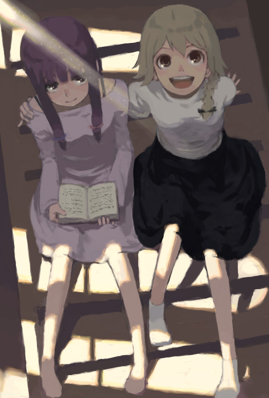 hino hikaru, kirisame marisa, patchouli knowledge, touhou, bad id, bad pixiv id, 2girls, alternate costume, alternate hairstyle, arm around shoulder, blonde hair, casual, female focus, looking up, multiple girls, smile, stairs