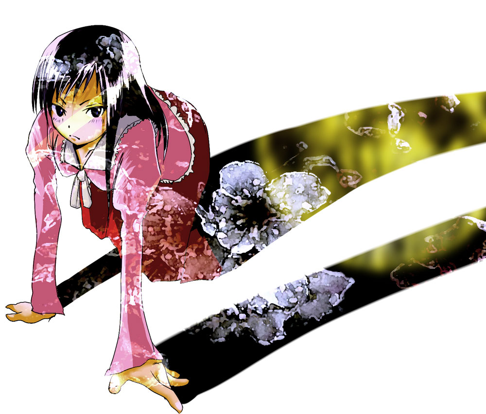 yae (mono110), houraisan kaguya, touhou, 1girl, all fours, black hair, blonde hair, collar, dress, female focus, long hair, long sleeves, looking at viewer, multicolored hair, red dress, ribbon, solo, streaked hair, surreal, very long hair, white ribbon
