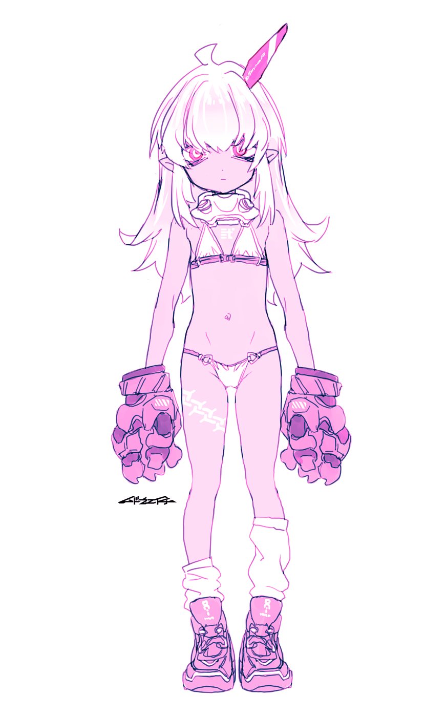 mudou eichi, original, highres, 1girl, asymmetrical legwear, bikini, dark skin, flat chest, horns, long hair, looking at viewer, mechanical gloves, mechanical horns, navel, pink eyes, pointy ears, shoes, sneakers, solo, swimsuit, tattoo, uneven legwear, white background, white hair
