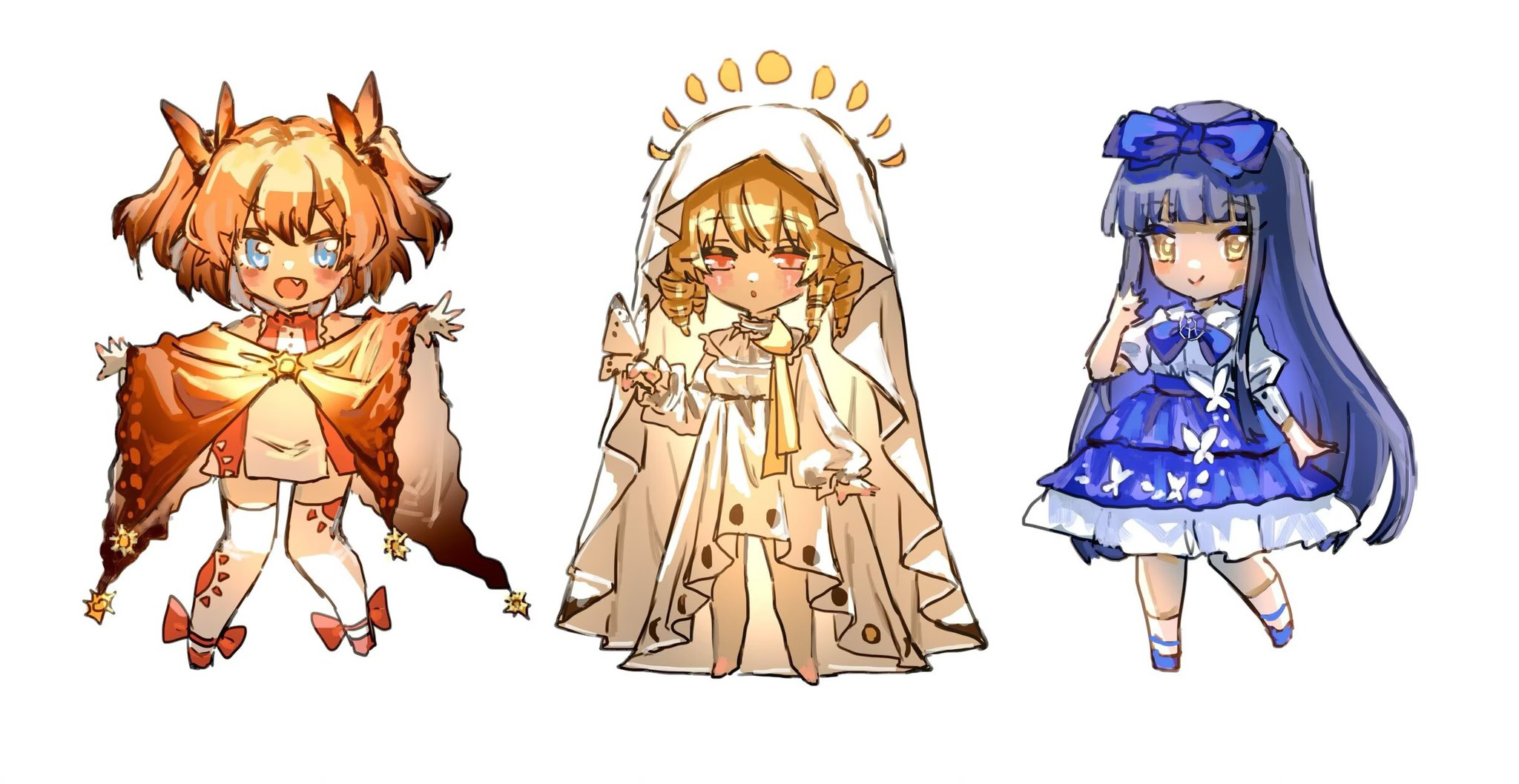 shouxishao jiuyuan, luna child, star sapphire, sunny milk, touhou, highres, 3girls, :o, alternate costume, bare shoulders, black hair, blonde hair, blue bow, blue bowtie, blue eyes, blue shoes, blue skirt, blush, bow, bowtie, bug, butterfly, butterfly on hand, chibi, closed mouth, dress, drill hair, expressionless, fang, full body, hair ribbon, hime cut, insect, long hair, long sleeves, looking at viewer, medium hair, multiple girls, open mouth, orange hair, orange shoes, quad drills, red eyes, ribbon, shirt, shoes, short sleeves, skirt, sleeveless, sleeveless dress, smile, thighhighs, two-tone dress, very long hair, white background, white dress, white shirt, white thighhighs, yellow eyes