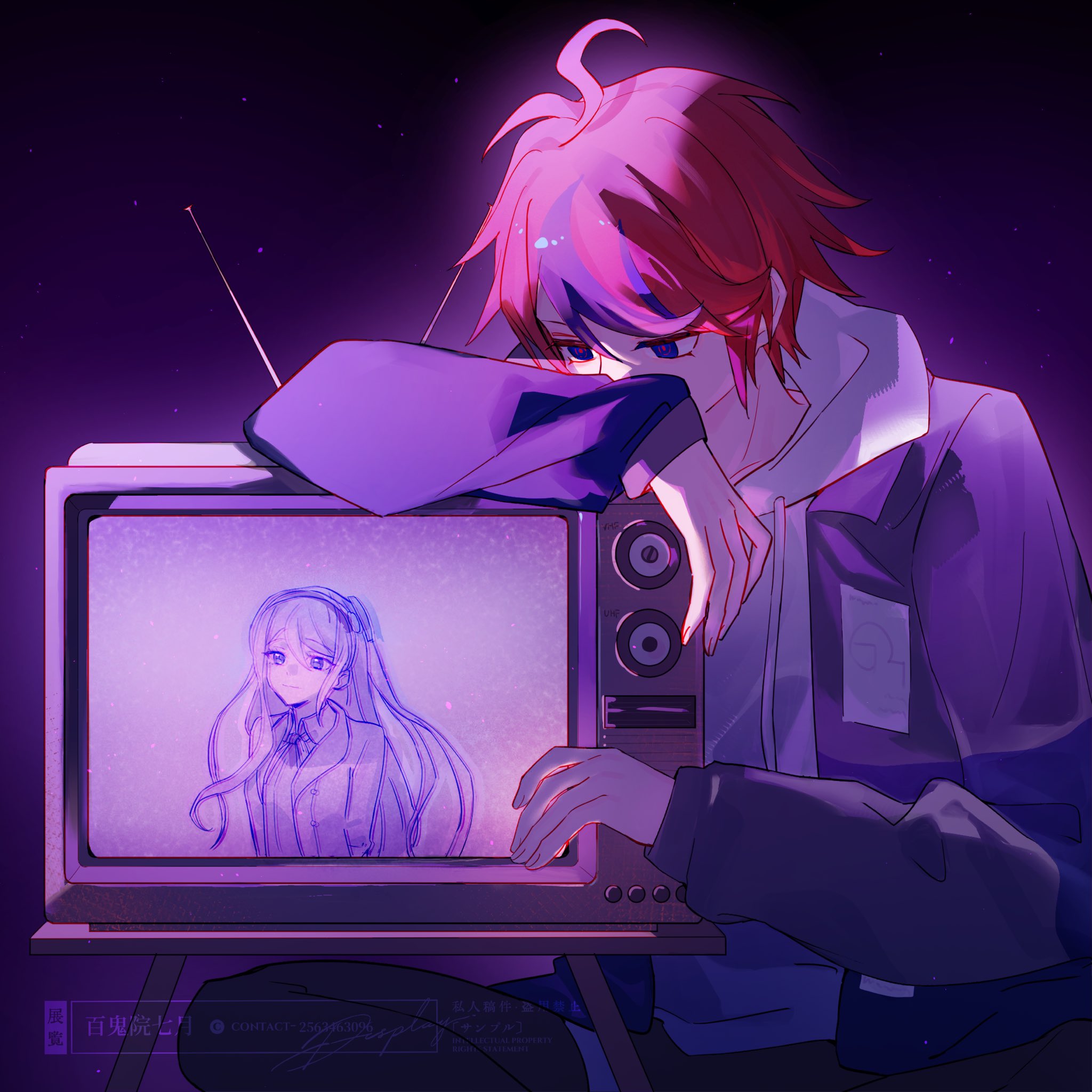 kashimiya karua, sumino takumi, the hundred line -last defense academy-, commentary request, highres, 1boy, ahoge, armrest, black hairband, black pants, black streaks, blue eyes, blue jacket, collared shirt, crossed legs, crt, grey jacket, hairband, hood, hoodie, hyakiinn7ki, jacket, last defense academy school uniform, long hair, male focus, multicolored hair, multicolored jacket, open clothes, open jacket, pants, purple eyes, red hair, school uniform, shirt, short hair, sidelighting, sitting, smile, streaked hair, television, two-tone jacket, watermark, white jacket, white shirt