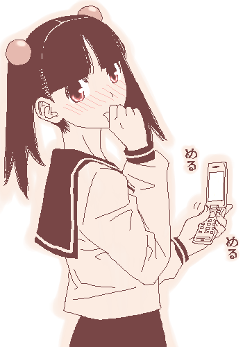 gusu, otonashi meru, sayonara zetsubou sensei, lowres, 00s, 1girl, blunt bangs, blush, cellphone, female focus, hair bobbles, hair ornament, looking back, medium hair, monochrome, nose blush, oekaki, outline, phone, pink theme, school uniform, sepia, serafuku, simple background, solo, twintails, white background