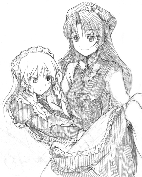 shironeko, tsuji kazuho, tsuji kazuo, hong meiling, izayoi sakuya, embodiment of scarlet devil, touhou, 2girls, carrying, female focus, greyscale, monochrome, multiple girls, princess carry, sketch