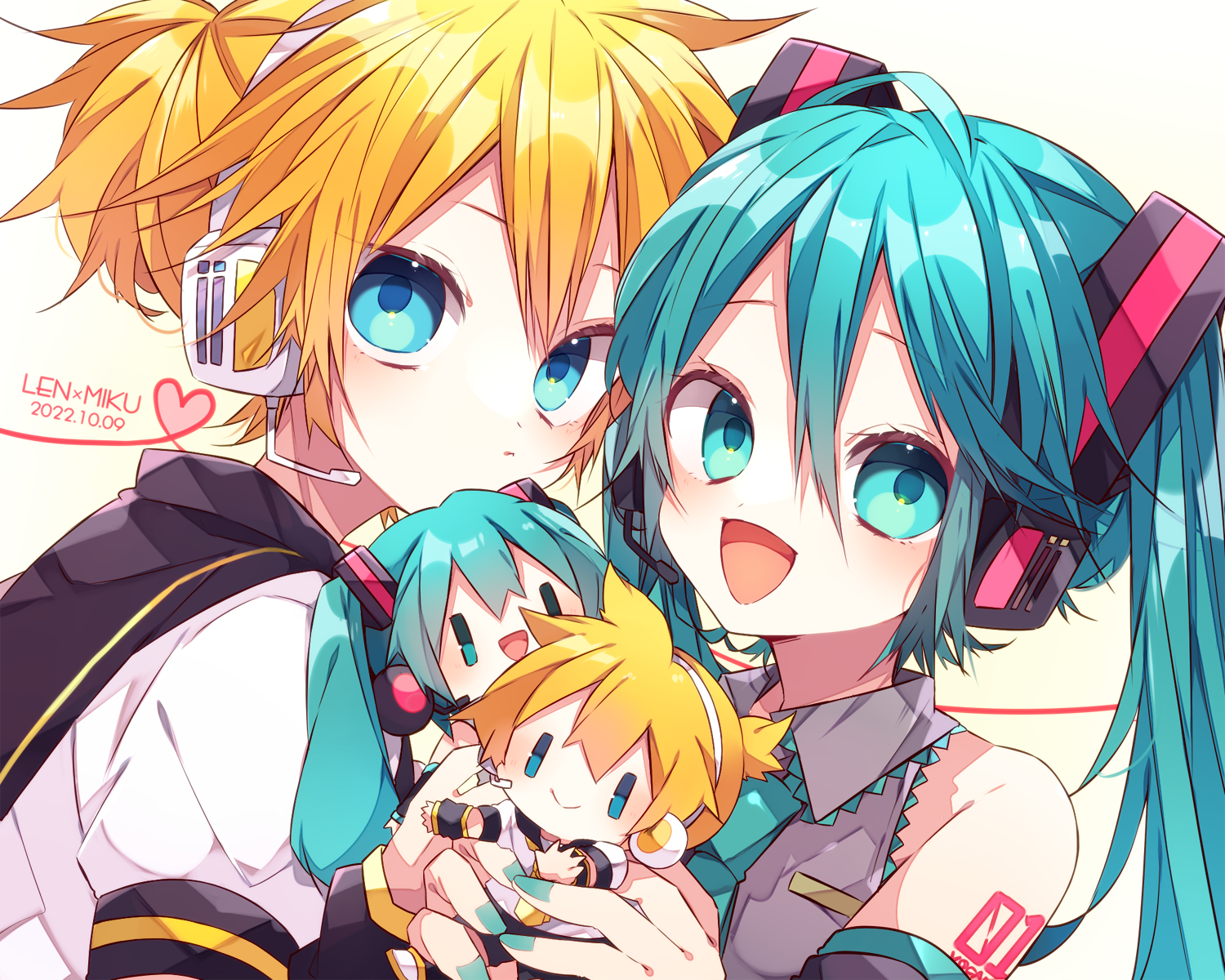 fuwapuchi, kaho 0102, hatsune miku, kagamine len, vocaloid, commentary request, highres, 1boy, 1girl, :d, arm warmers, bare shoulders, black sailor collar, black sleeves, blonde hair, blue eyes, blue hair, blue nails, blue necktie, blush, character doll, character name, closed mouth, collared shirt, dated, detached sleeves, doll, double-parted bangs, hair between eyes, headset, heart, holding, holding doll, long hair, looking at viewer, nail polish, necktie, open mouth, sailor collar, shirt, short hair, short sleeves, shoulder tattoo, sleeveless, sleeveless shirt, smile, tattoo, twintails, upper body, white shirt