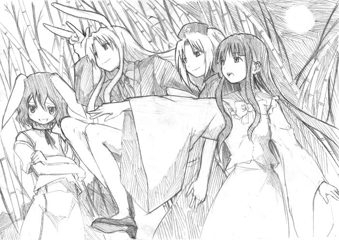shironeko, tsuji kazuho, tsuji kazuo, houraisan kaguya, inaba tewi, reisen udongein inaba, yagokoro eirin, touhou, 4girls, animal ears, female focus, greyscale, monochrome, multiple girls, rabbit ears, sketch
