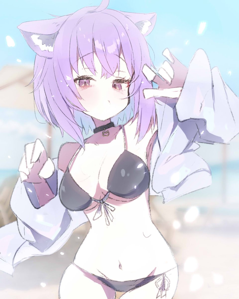 ememo, nekomata okayu, hololive, highres, 1girl, ahoge, animal ear fluff, animal ears, beach, bikini, black bikini, blush, breasts, cat ears, cat girl, choker, colored inner hair, front-tie bikini top, front-tie top, hood, hoodie, jacket, large breasts, looking at viewer, multicolored hair, navel, open clothes, open hoodie, outdoors, purple eyes, purple hair, short hair, side-tie bikini bottom, solo, swimsuit, virtual youtuber