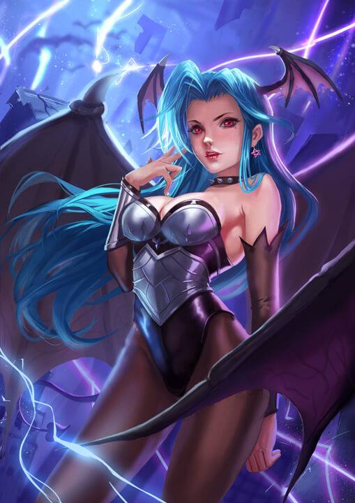 artist request, game cg, official art, 1girl, blue hair, breasts, cleavage, collar, demon tail, demon wings, detached sleeves, earrings, full body, head wings, jewelry, long hair, miragine war, red eyes, scythe (miragine war), solo, spikes, star (symbol), star earrings, tail, thunder, wings