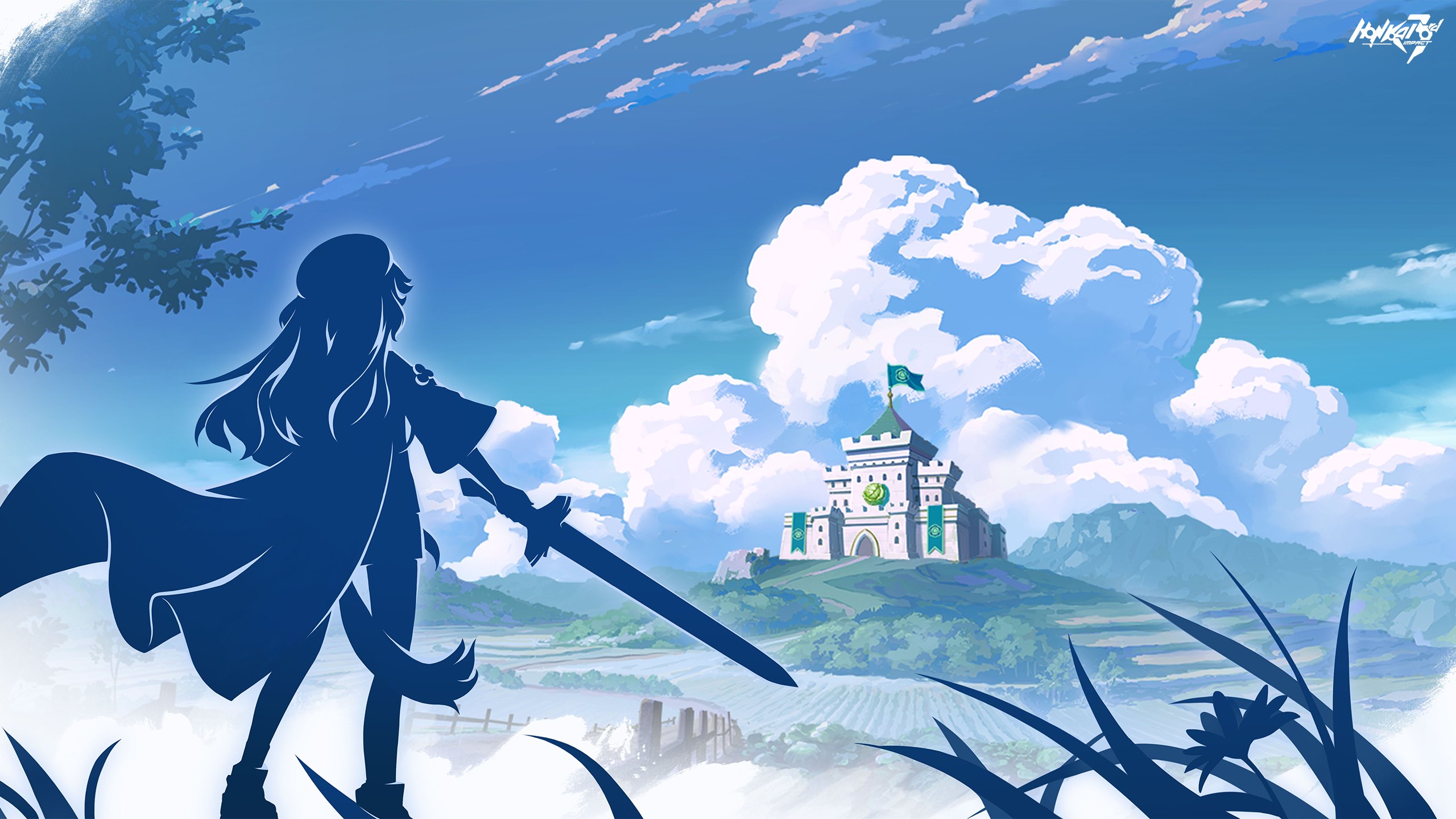 coralie 6626 planck, honkai (series), honkai impact 3rd, game cg, highres, official art, 1girl, blurry, castle, cloud, copyright name, day, depth of field, flag, long hair, sky, standing, tail
