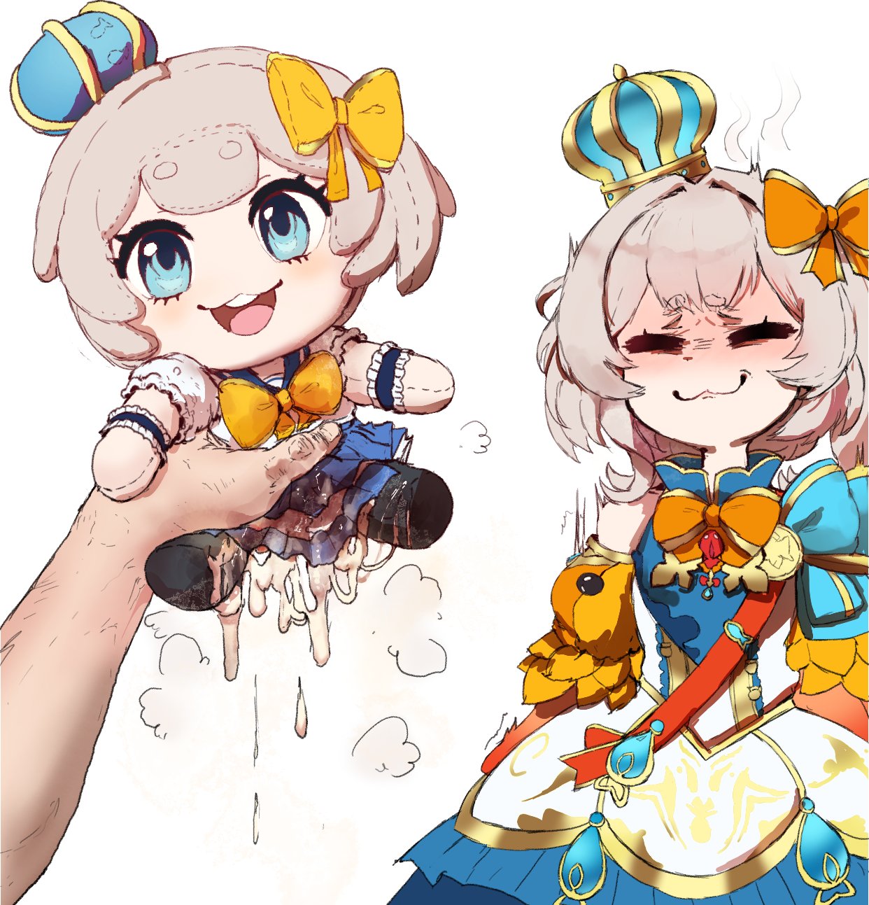 marimari (vtuber), marimari (vtuber) (marimari 2.0), phase connect, hashtag-only commentary, highres, 1boy, 1girl, :3, = =, ^^^, after masturbation, angry, animal print, blue crown, blue dress, blue eyes, blush, bow, bowtie, character doll, closed eyes, closed mouth, crown, cum, cum on object, cumdrip, detached sleeves, doll, dress, false smile, fish print, gold medal, goldfish print, grey hair, hair bow, holding, holding doll, hollowsuia, meme, orange bow, orange bowtie, pov, pov hands, puff of air, puffy detached sleeves, puffy sleeves, red sash, sash, short eyebrows, short hair, side ponytail, simple background, smile, solo focus, sparkle doll onahole (meme), thick eyebrows, unconventional artificial vagina, virtual youtuber, white background