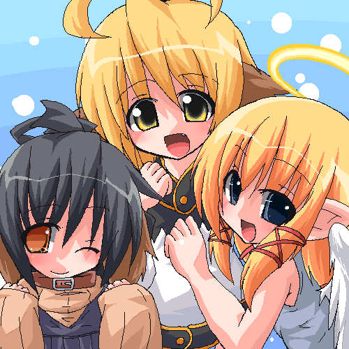 kanidiru, kanijiru, lowres, 3girls, angel, animal ears, blonde hair, collar, halo, multiple girls, oekaki, wings