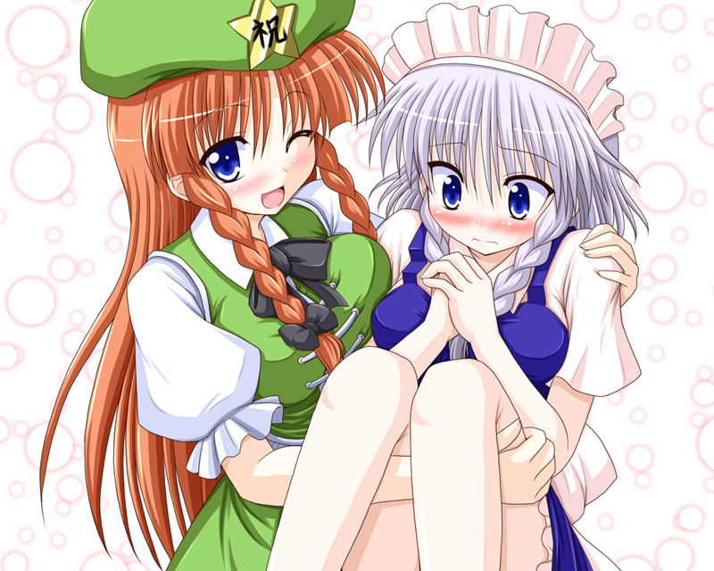 bococho, hong meiling, izayoi sakuya, embodiment of scarlet devil, touhou, 2girls, blush, breasts, carrying, female focus, hat, maid, multiple girls, princess carry, white background