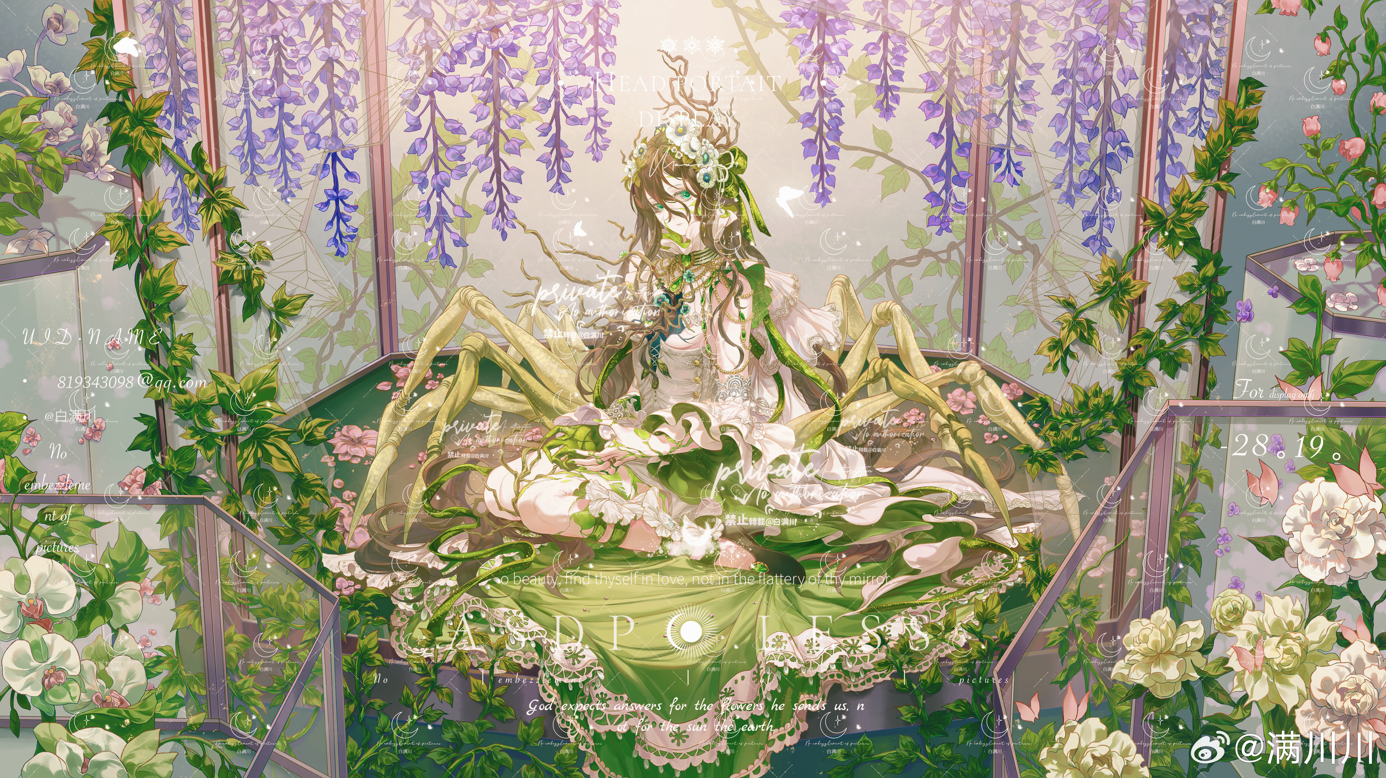 original, absurdres, chinese commentary, commission, highres, 1girl, anemone (flower), antlers, aqua eyes, aqua flower, arthropod limbs, bare shoulders, bead necklace, beads, bellflower, black shoes, branch, breasts, breasts out, brown hair, bug, butterfly, choker, claws, closed mouth, colored extremities, colored skin, convenient censoring, corset, cracked skin, cupping hands, detached sleeves, display case, expressionless, extra legs, flower, folding screen, frilled shirt collar, frilled sleeves, frills, full body, gem, green choker, green gemstone, green nails, green ribbon, green skin, green skirt, green sleeves, hair between eyes, hair flower, hair ornament, hair ribbon, high-low skirt, hole in chest, hole on body, horns, in container, insect, jewelry, leaf, leg ribbon, long hair, long hair between eyes, long sleeves, looking at viewer, man chuan chuan, medium breasts, mole, mole under eye, monster girl, multicolored skin, nail polish, necklace, orchid, own hands together, petals, pink butterfly, pink flower, plant, plant girl, puritan collar, purple flower, ribbon, shoes, shoulder necklace, sitting, skirt, solo, striped choker, tree horns, two-sided fabric, two-sided skirt, two-sided sleeves, two-tone skin, very long hair, vines, watermark, wavy hair, weibo watermark, white corset, white flower, white skirt, white sleeves, wide sleeves, wisteria, yellow flower, yokozuwari