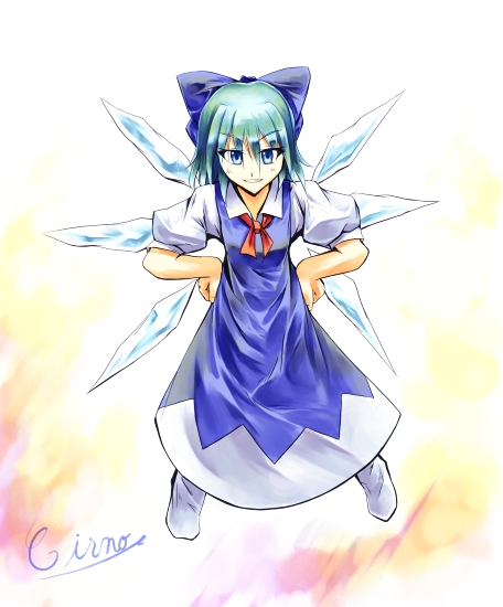 sorano eika, cirno, embodiment of scarlet devil, touhou, 1girl, bow, female focus, full body, solo