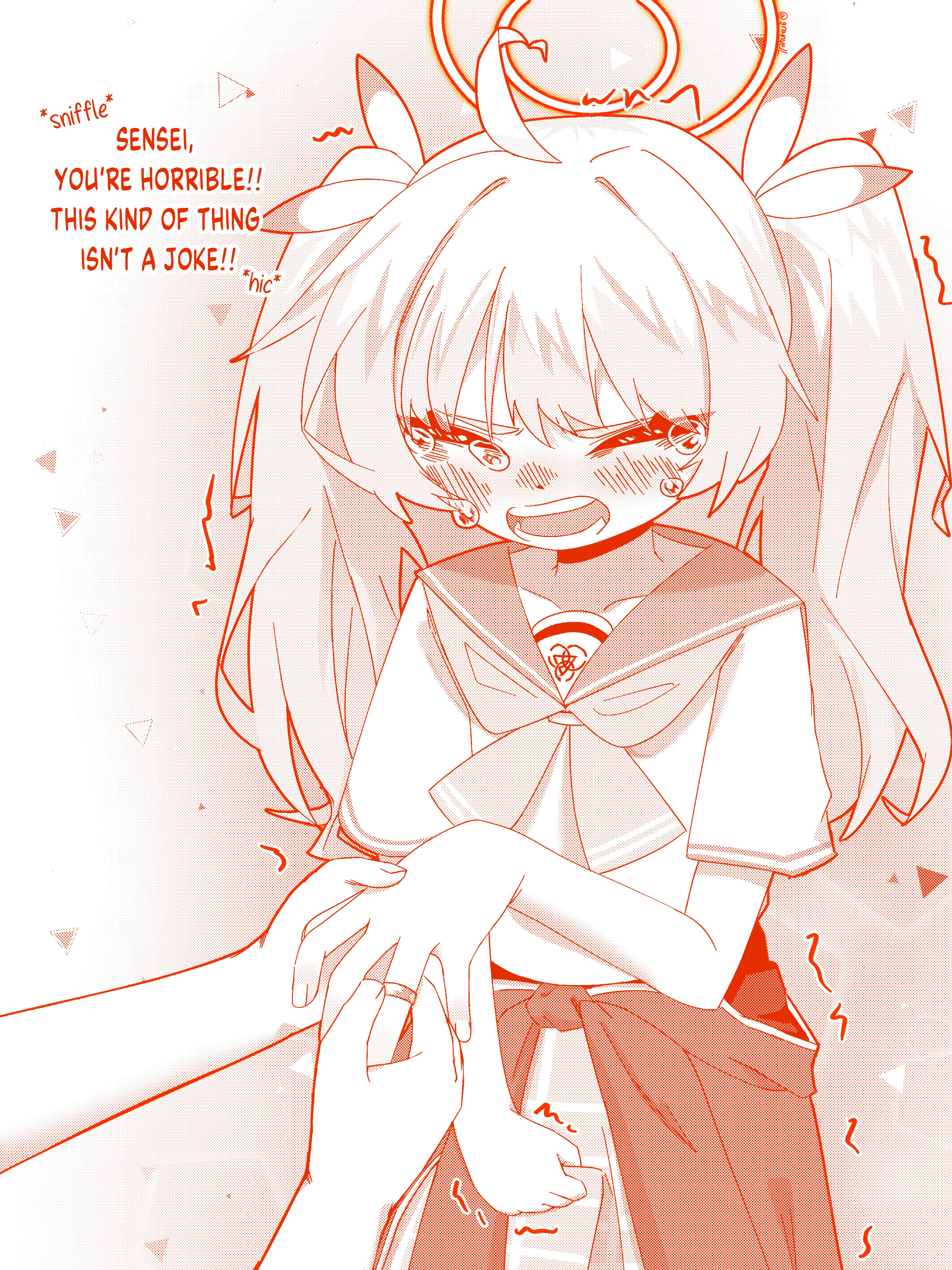 granvell, yoshimi (blue archive), blue archive, absurdres, hashtag-only commentary, highres, 1girl, 1other, ahoge, blush, closed eyes, clothes around waist, crying, english text, gripping clothes, halo, jacket, jacket around waist, jewelry, long hair, marriage proposal, monochrome, neckerchief, open mouth, ring, sailor collar, school uniform, serafuku, tears, trembling, trinity general school logo, twintails, twitter username, wedding ring