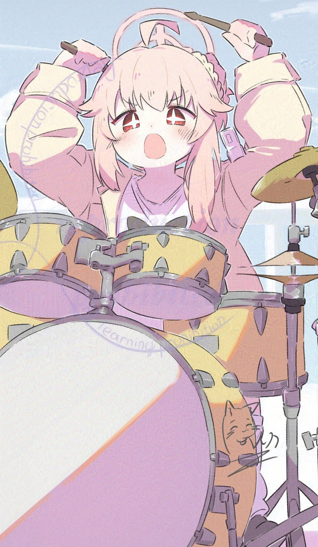 inaririn, natsu (band) (blue archive), natsu (blue archive), blue archive, highres, 1girl, ahoge, arms up, blush, drum, drum set, drumsticks, halo, holding, instrument, jacket, long hair, long sleeves, looking at viewer, open clothes, open mouth, pink hair, pink halo, red eyes, shirt, side ponytail, sky, solo, white shirt