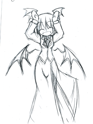 ichidai taisa, koakuma, embodiment of scarlet devil, touhou, animated, animated gif, lowres, caramelldansen, female focus, greyscale, head wings, monochrome, sketch, solo, wings