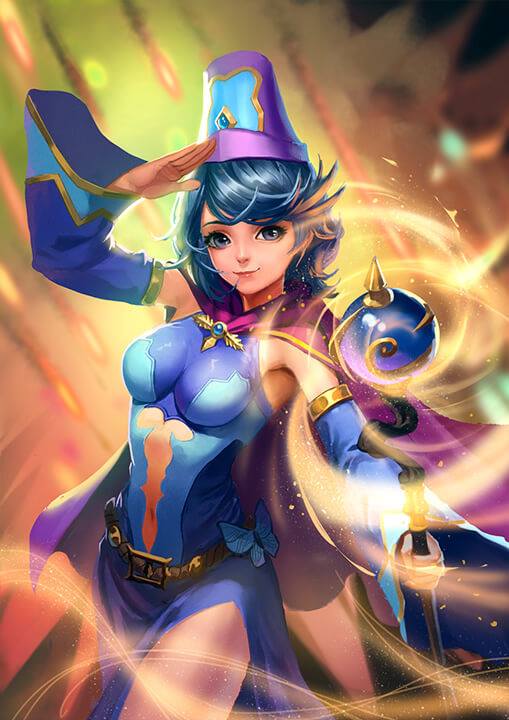 artist request, game cg, official art, source request, 1girl, armpits, belt, blue eyes, blue hair, breasts, bug, butterfly, cape, detached sleeves, full body, holding, holding staff, insect, light smile, miragine war, navel, nina (miragine war), salute, short hair, solo, staff