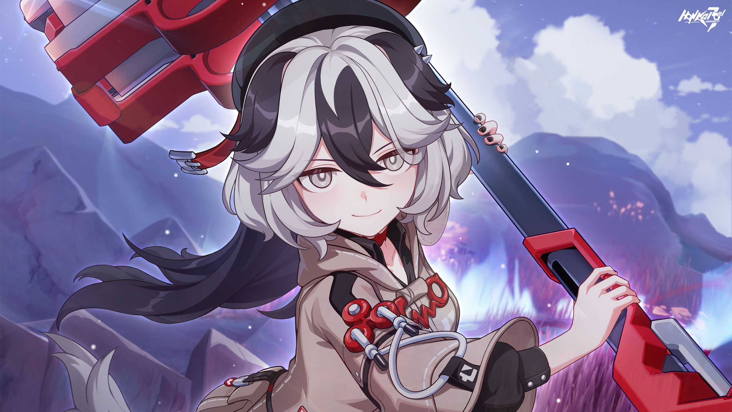 coralie 6626 planck, coralie 6626 planck (valkyrie blastmetal), honkai (series), honkai impact 3rd, game cg, highres, official art, 1girl, black nails, blurry, blurry background, bright pupils, closed mouth, copyright name, grass, grey eyes, hair between eyes, hammer, hat, holding, holding hammer, long hair, long sleeves, looking at viewer, multicolored hair, sidelocks, two-tone hair, upper body, white pupils