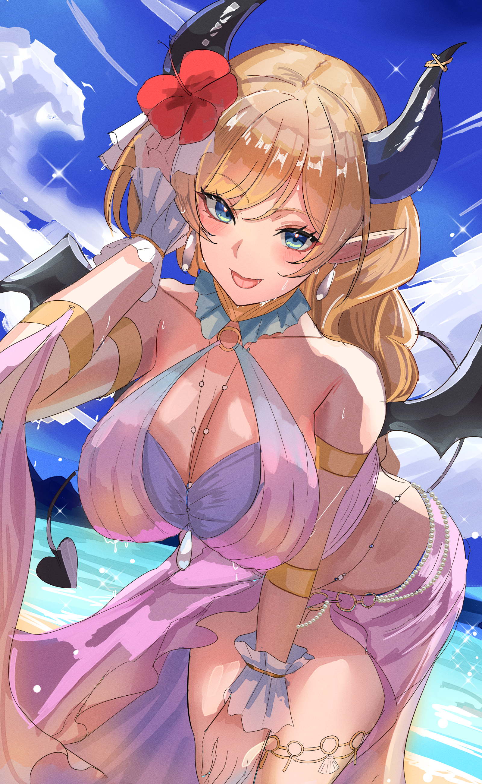 kurogomatcha, yuzuki choco, hololive, absurdres, highres, beach, bent over, bikini, black horns, black tail, black wings, blonde hair, blue bikini, blue eyes, breasts, cowboy shot, demon girl, demon horns, demon tail, demon wings, horns, large breasts, long hair, ocean, pink sarong, pointy ears, sand, sarong, swimsuit, tail, virtual youtuber, wings