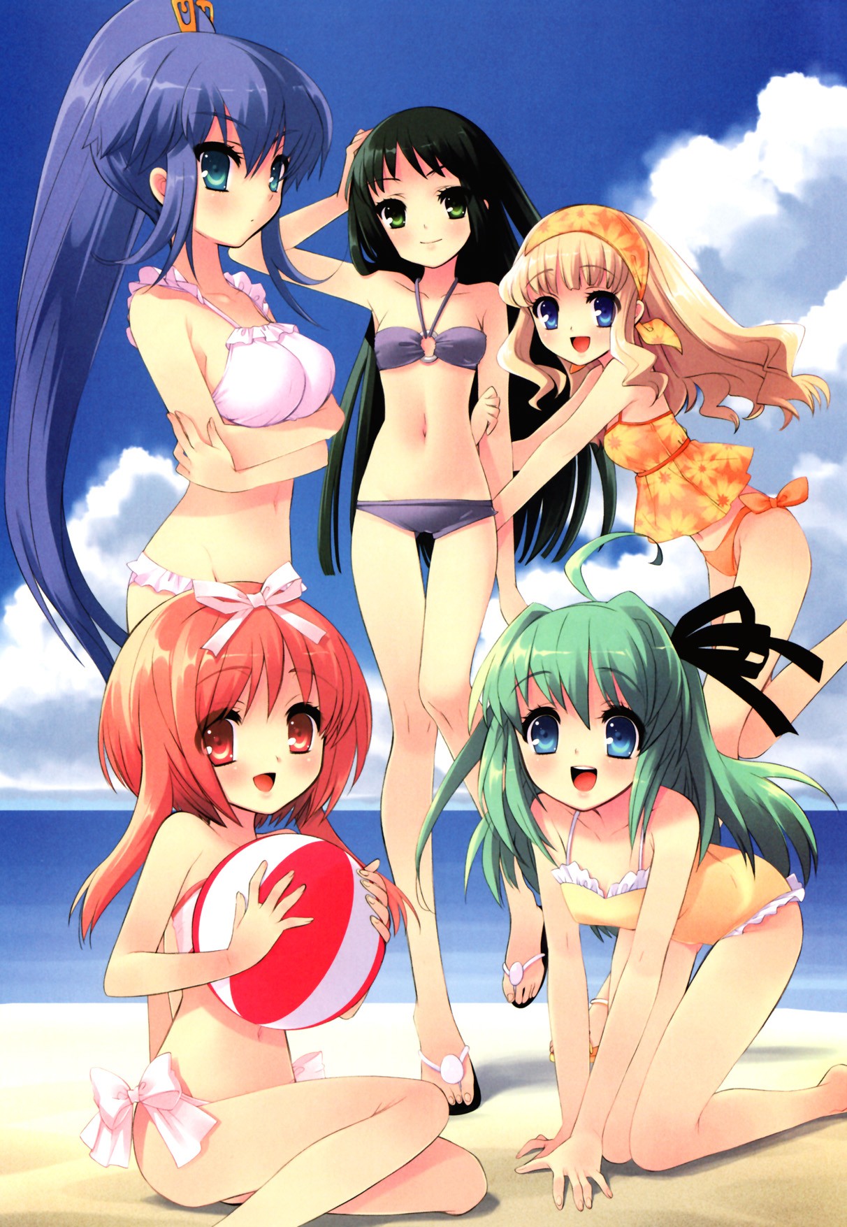 ito noizi, akihime sumomo, koiwai flora, satsuki julirsia, yaeno nadeshiko, yuuki nona, nanatsuiro drops, breast hold, frilled swimsuit, hand on head, highres, official art, scan, 00s, 5girls, :d, ahoge, all fours, arm hug, arm up, armpits, ball, bandeau, beach, beachball, bikini, black hair, blonde hair, blue eyes, blue hair, blush, bow, breasts, casual one-piece swimsuit, cloud, crossed arms, day, feet, flat chest, flip-flops, floral print, frilled bikini, frills, green eyes, green hair, groin, hair between eyes, hair ornament, hair ribbon, hairband, hairclip, halterneck, high ponytail, large breasts, leaning forward, leg lift, legs, long hair, long legs, looking at viewer, looking back, lowleg, lowleg bikini, midriff, multiple girls, navel, o-ring, o-ring bikini, o-ring top, ocean, one-piece swimsuit, open mouth, orange hair, outdoors, outstretched arms, pink hair, ponytail, profile, red eyes, ribbon, sandals, shadow, side-tie bikini bottom, sideboob, sidelocks, sitting, skinny, sky, smile, standing, standing on one leg, swimsuit, tankini, thigh gap, toes, very long hair, water, wavy hair