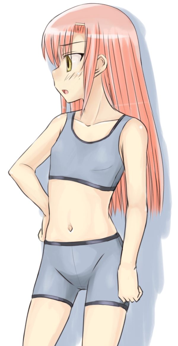myu-po, katsura hinagiku, hayate no gotoku!, 00s, 1girl, bike shorts, bra, female focus, flat chest, hand on own hip, lingerie, midriff, navel, pink hair, profile, solo, sports bra, underwear, yellow eyes