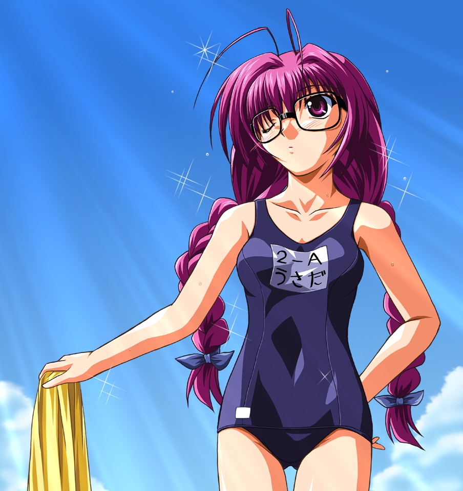 chogenbo musasiya, usada hikaru, di gi charat, 1girl, braid, female focus, glasses, name tag, one-piece swimsuit, one eye closed, purple eyes, purple hair, school swimsuit, solo, swimsuit, wink