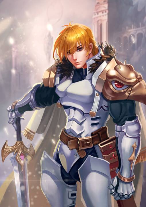 artist request, game cg, official art, source request, 1boy, armor, blonde hair, blurry, blurry background, brown eyes, cape, full body, fur trim, knight, miragine war, scabbard, sheath, shoulder armor, solo, sword, weapon, wein (miragine war)