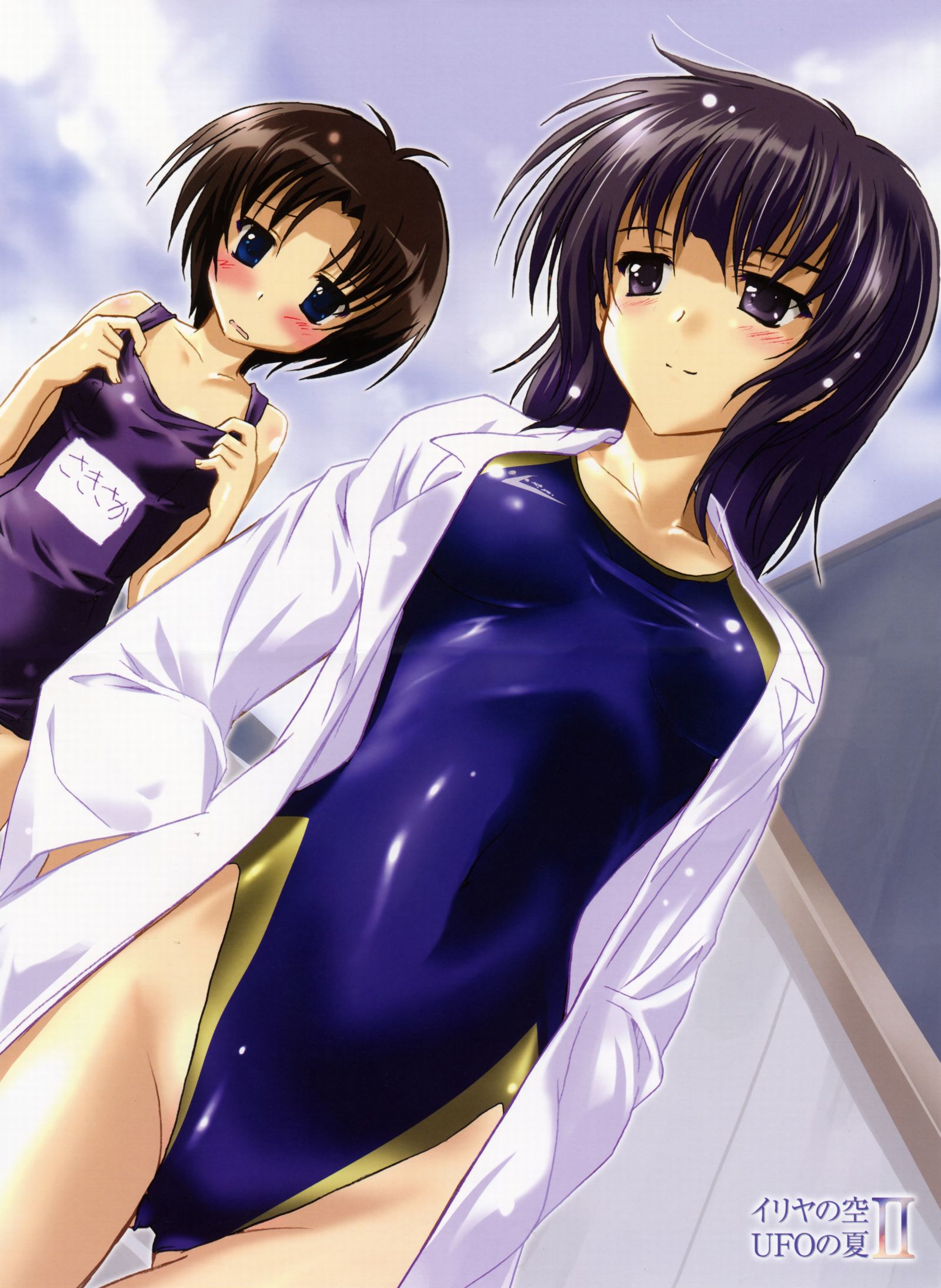 komatsu eiji, shiina mayumi, sudou akiho, iriya no sora ufo no natsu, highres, 00s, 2girls, blush, breast envy, competition swimsuit, highleg, highleg one-piece swimsuit, multiple girls, name tag, one-piece swimsuit, school swimsuit, shiny clothes, swimsuit