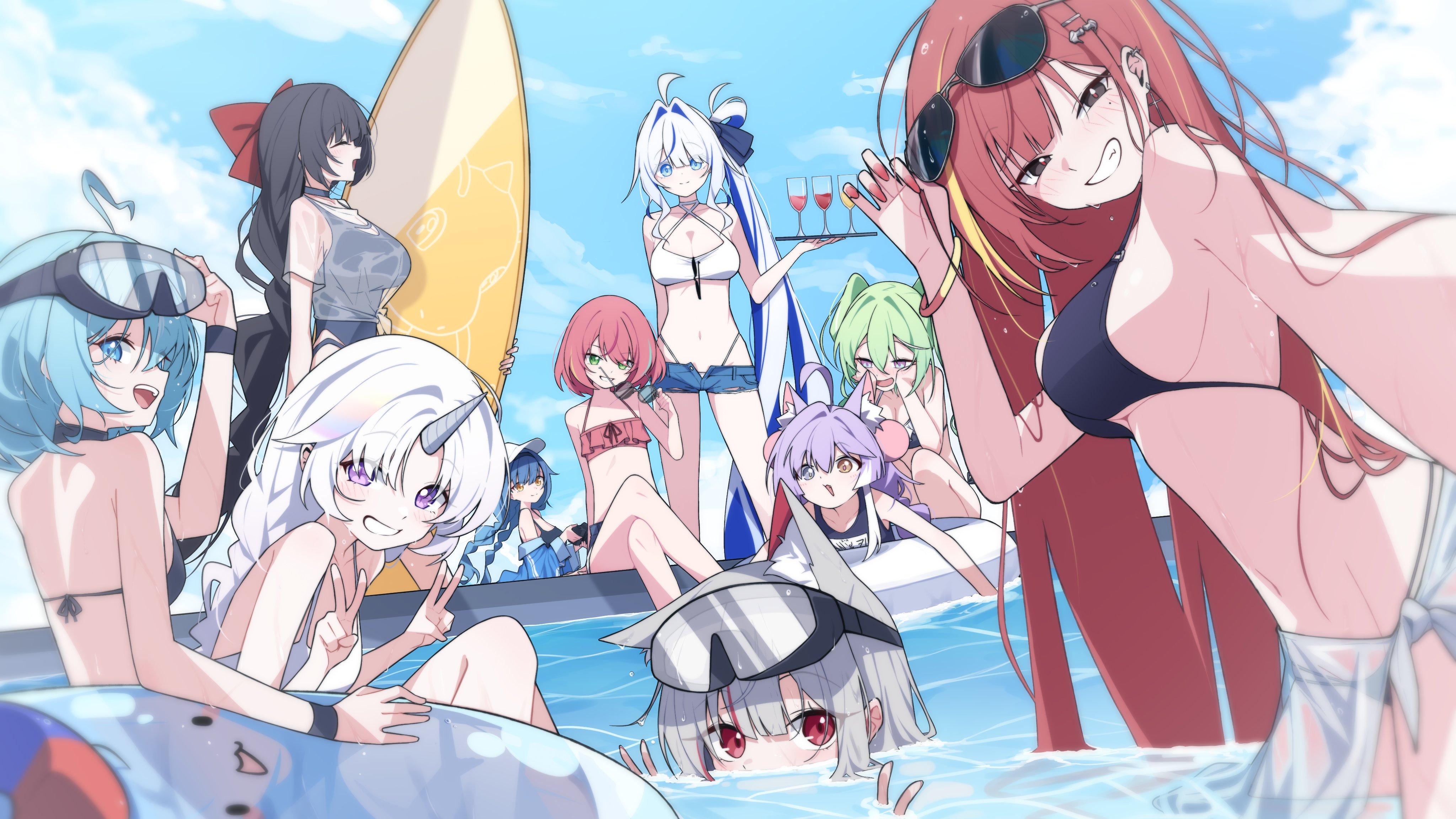 mmhomm, akane lize, aokumo rin, arahashi tabi, ayatsuno yuni, gangzi (vtuber), hanako nana, neneko mashiro, shirayuki hina, tenko shibuki, yuzuha riko, stellive, absurdres, character request, check character, highres, mixed-language commentary, 6+girls, ahoge, animal ear fluff, animal ears, armpit crease, bangle, bikini, black bikini, black hair, blue eyes, blue hair, blue jacket, blue ribbon, blunt bangs, blush, bow, bracelet, braid, breasts, brown eyes, cat ears, cloud, cloudy sky, crossed legs, cup, denim, denim shorts, double v, drinking glass, eyewear hang, eyewear on head, frilled bikini, frills, goggles, goggles on head, green eyes, green hair, grey eyes, grey hair, grin, hair between eyes, hair bow, hair ornament, hair ribbon, hairclip, hat, heart, heart ahoge, heterochromia, highleg, highleg bikini, holding, holding removed eyewear, holding surfboard, holding tray, innertube, jacket, jewelry, kneeling, long hair, looking at viewer, mole, mole under eye, multicolored hair, multiple girls, navel, off shoulder, one-piece swimsuit, open mouth, parted bangs, partially submerged, pink hair, pool, purple eyes, purple hair, red bikini, red bow, red eyes, red hair, red nails, red ribbon, ribbon, sarong, school swimsuit, see-through clothes, see-through shirt, shirt, short hair, shorts, side ponytail, sideboob, single braid, sitting, sky, smile, standing, streaked hair, sunglasses, surfboard, swept bangs, swim ring, swimsuit, torn clothes, torn shorts, tray, two-tone hair, unicorn girl, unworn eyewear, v, very long hair, wading, white bikini, white hair, white hat, wine glass