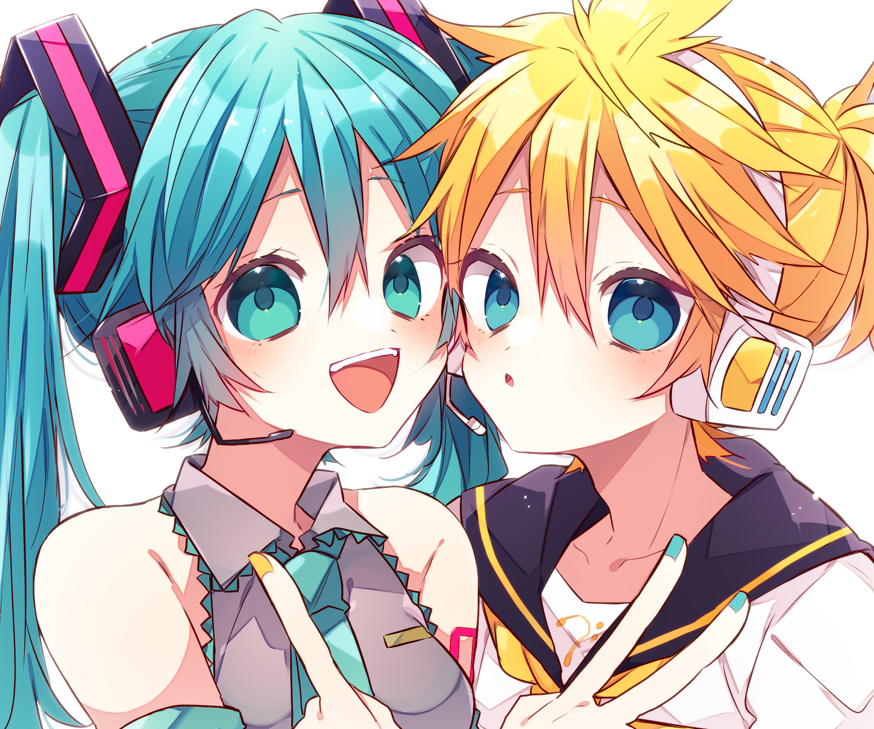 kaho 0102, hatsune miku, kagamine len, vocaloid, commentary request, highres, 1boy, 1girl, :d, :o, arm warmers, bare shoulders, bass clef, black sailor collar, black sleeves, blonde hair, blue eyes, blue hair, blue nails, blue necktie, blush, collared shirt, detached sleeves, double-parted bangs, hair between eyes, hand up, headset, long hair, long sleeves, looking at viewer, nail polish, necktie, number tattoo, open mouth, portrait, sailor collar, shirt, short hair, shoulder tattoo, simple background, sleeveless, sleeveless shirt, smile, tattoo, twintails, white background, white shirt, yellow nails