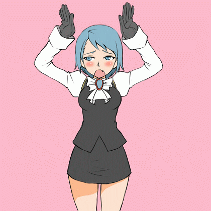 andres valenzuela, padawan, franziska von karma, ace attorney, capcom, animated, animated gif, lowres, 1girl, :o, arms up, bare legs, blue eyes, blue hair, blush, bouncing breasts, bow, breasts, brooch, caramelldansen, cowboy shot, dancing, embarrassed, fang, female focus, formal clothes, gloves, jewelry, long sleeves, looking at viewer, matching hair/eyes, medium breasts, miniskirt, motion blur, no legwear, open mouth, parody, pencil skirt, pink background, puffy sleeves, short hair, simple background, skirt, skirt suit, sleeve cuffs, solo, standing, suit, taut clothes, vest