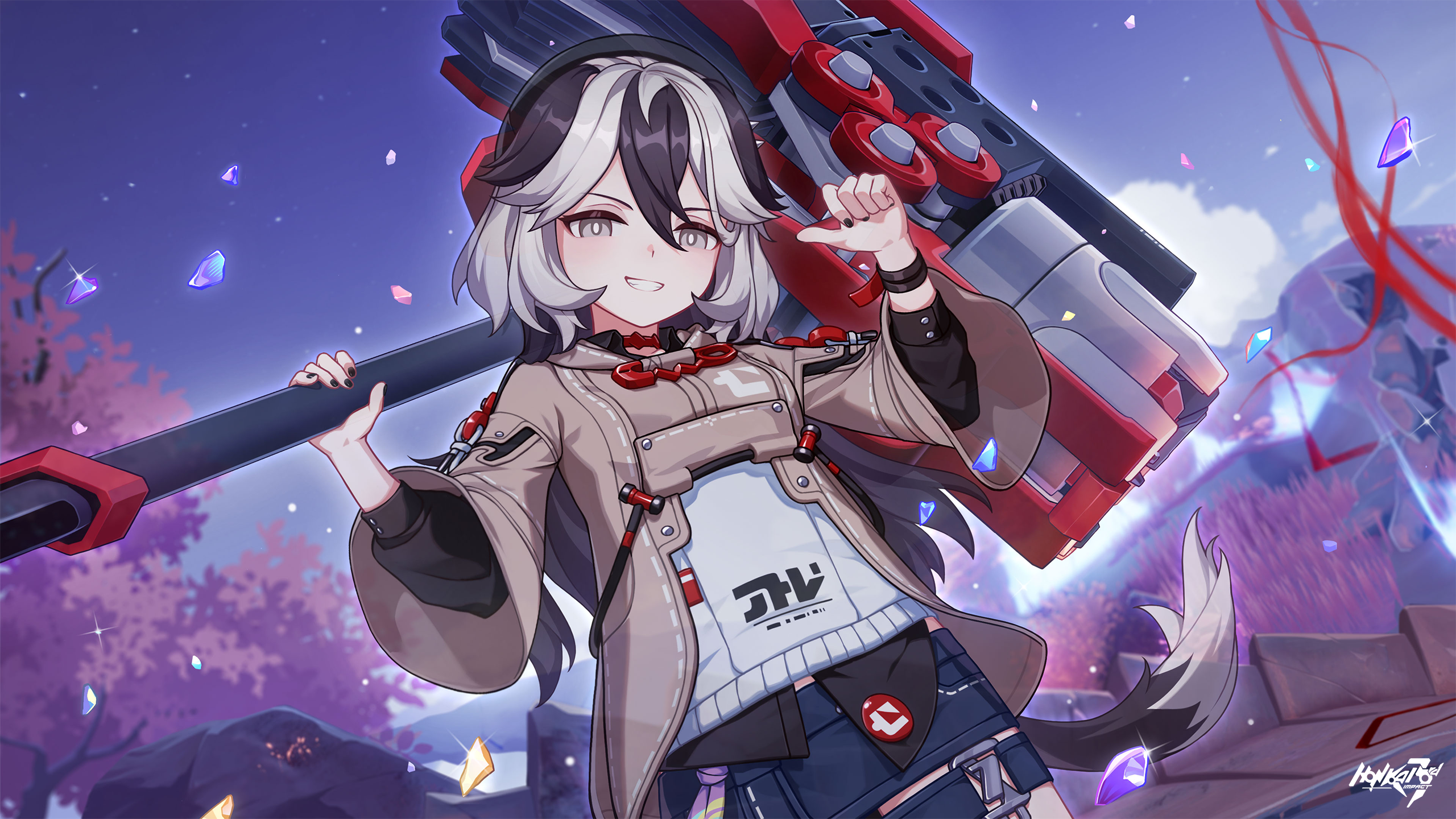 coralie 6626 planck, coralie 6626 planck (valkyrie blastmetal), honkai (series), honkai impact 3rd, game cg, highres, official art, 1girl, animal ears, beret, black hair, black nails, bright pupils, brown jacket, copyright name, debris, dog ears, dog girl, dog tail, dutch angle, grass, grey eyes, grey hair, hair between eyes, hammer, hat, holding, holding hammer, jacket, long hair, long sleeves, looking at viewer, multicolored hair, sidelocks, sky, solo, tail, tree, two-tone hair, white pupils