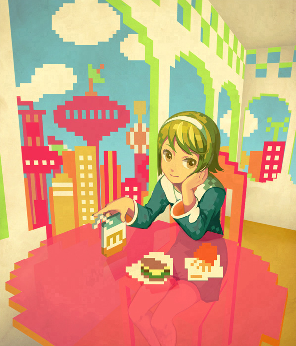 kb, kirobaito, original, 1girl, brown eyes, burger, cafe, can, cloud, drink can, female focus, green hair, hairband, indoors, looking at viewer, pixel art, pixels, short hair, sitting, sky, smile, soda can, solo, swept bangs
