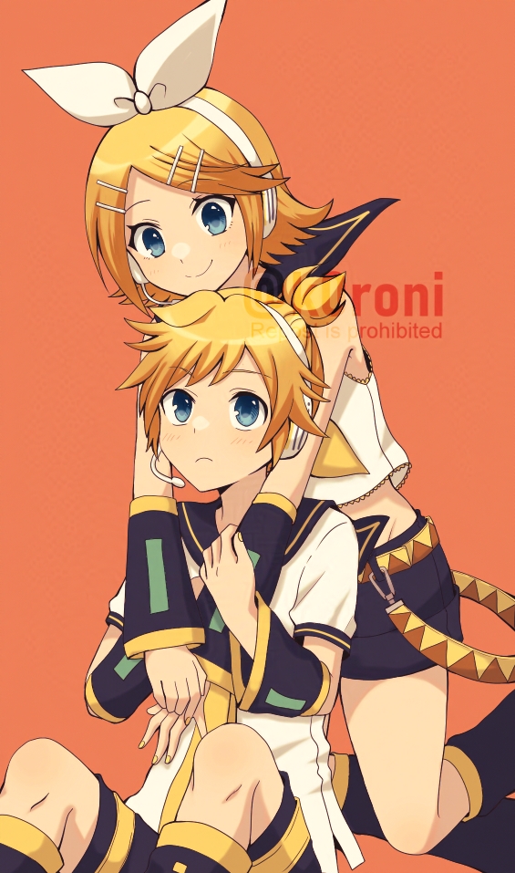 koroni (nkrgs), kagamine len, kagamine rin, vocaloid, 1boy, 1girl, black sailor collar, black shorts, black sleeves, blonde hair, blue eyes, bow, bow hairband, brother and sister, closed mouth, detached sleeves, frown, groin, hair ornament, hairband, hairclip, headphones, headset, hug, hug from behind, kneeling, long sleeves, looking up, microphone, midriff, nail polish, orange background, parallel hairclips, parted bangs, ponytail, sailor collar, sailor shirt, shirt, short hair, short ponytail, short shorts, shorts, siblings, simple background, sitting, sleeveless, sleeveless shirt, smile, watermark, white bow, white hairband, white shirt, yellow nails