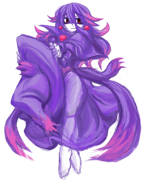 kobayashi tetsuya, mismagius, nintendo, pokemon, 1girl, costume, female focus, gen 4 pokemon, long hair, personification, purple hair, red eyes, simple background, solo, white background
