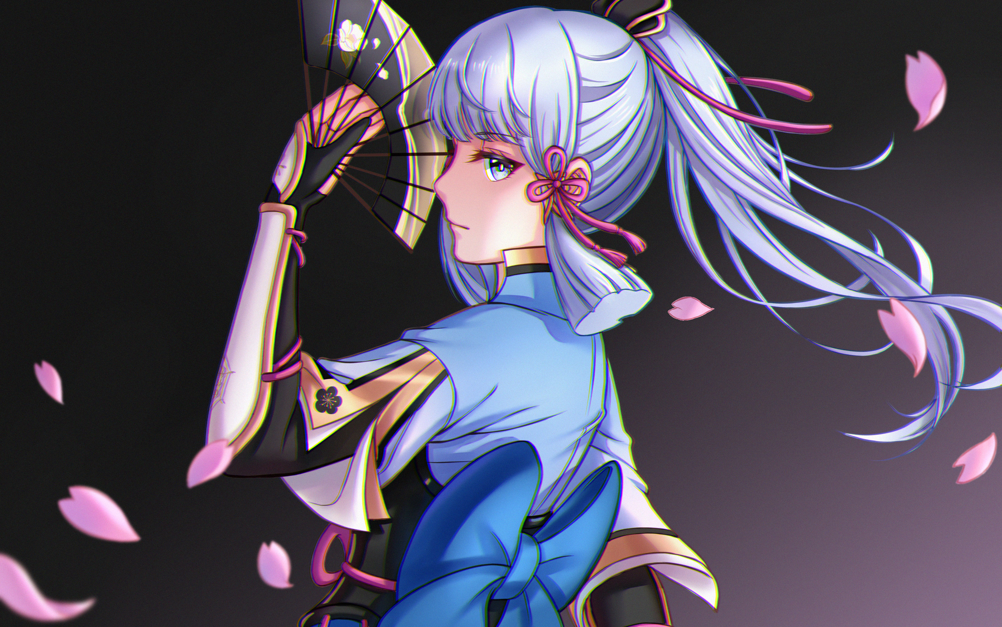 grover.y, ayaka (genshin impact), genshin impact, absurdres, highres, 1girl, back bow, black background, blue bow, blue eyes, blue hair, blue kimono, blunt bangs, blunt tresses, bow, cherry blossoms, closed mouth, floating hair, folding fan, from side, gradient background, hair ribbon, hand fan, holding, holding fan, japanese clothes, kimono, long hair, pink ribbon, ponytail, profile, ribbon, short ponytail, sidelocks, solo, upper body