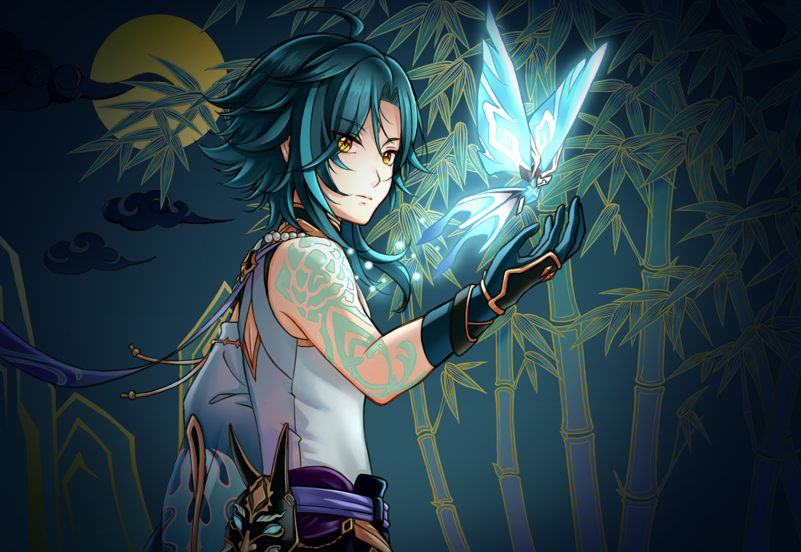 grover.y, xiao (genshin impact), genshin impact, 1boy, arm tattoo, bamboo, blue gloves, blue hair, bug, butterfly, closed mouth, eyes visible through hair, floating hair, from side, full body, gloves, insect, medium hair, night, shirt, sleeveless, sleeveless shirt, solo, tattoo, upper body, white shirt, yellow eyes