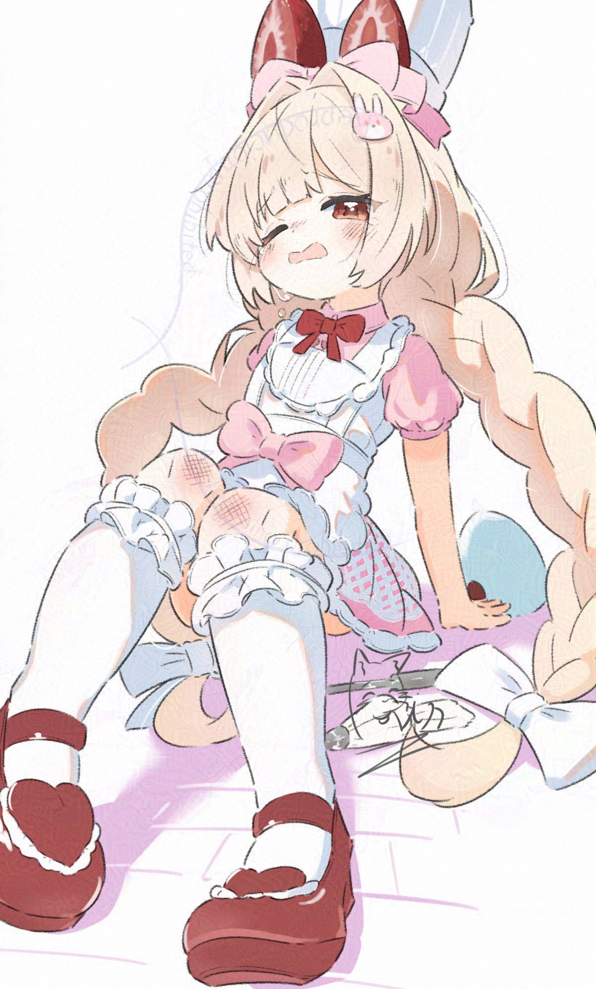 inaririn, crust (nikke), goddess of victory: nikke, highres, 1girl, animal ears, apron, blonde hair, blush, bow, bowtie, braid, dress, frilled socks, frills, full body, hair bow, hair ornament, hat, long hair, mary janes, one eye closed, open mouth, pink dress, puffy short sleeves, puffy sleeves, rabbit hair ornament, red bow, red eyes, shoes, short sleeves, sitting, socks, solo, tearing up, tears, twin braids, twintails, very long hair, white apron, white background, white socks