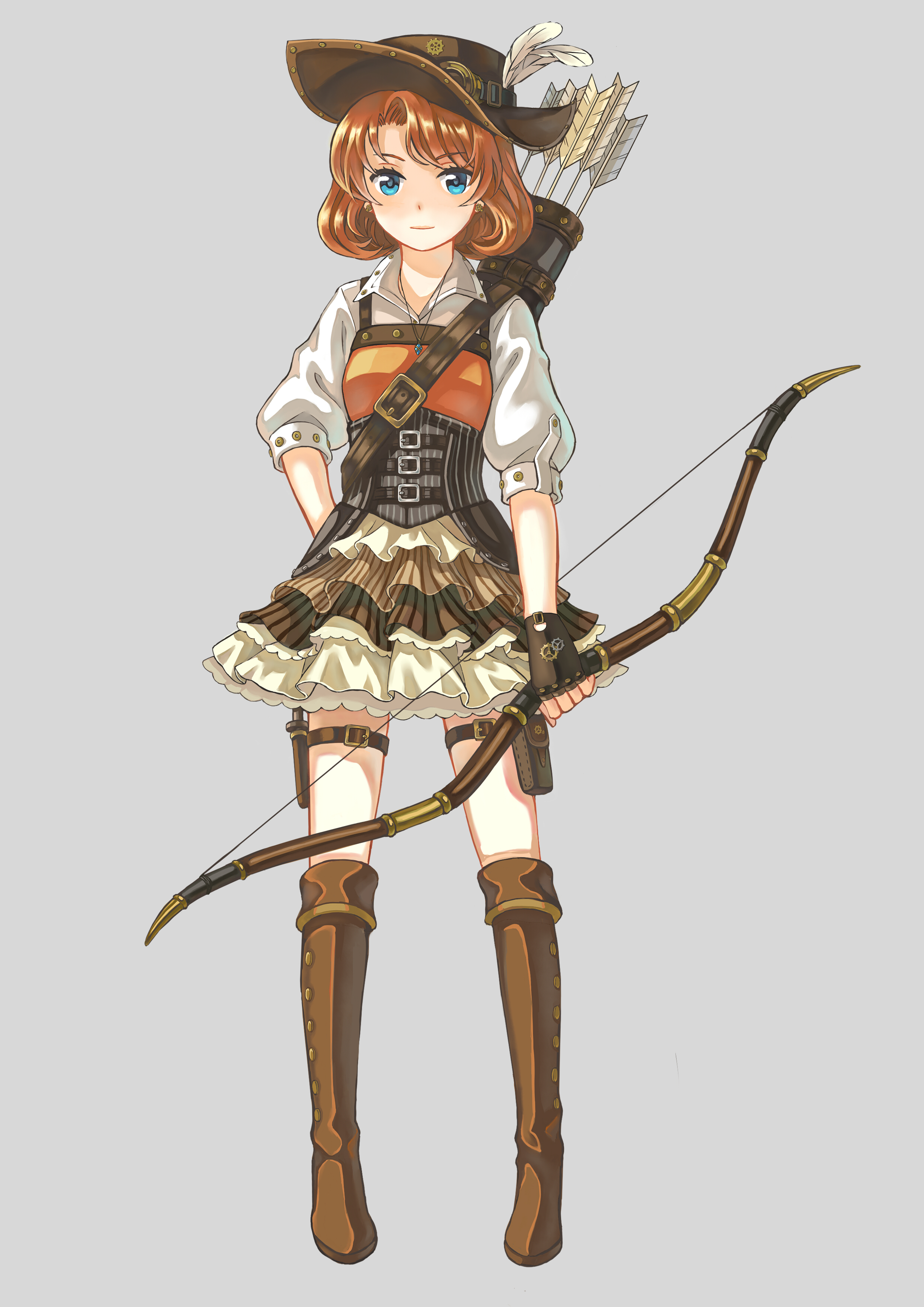 grover.y, original, absurdres, highres, 1girl, armor, arrow (projectile), blue eyes, boots, bow (weapon), breastplate, brown boots, brown gloves, brown hair, brown hat, brown skirt, closed mouth, curly hair, feathers, fingerless gloves, full body, gloves, grey background, hand on own hip, hat, hat feather, holding, holding bow (weapon), holding weapon, holster, knee boots, layered skirt, looking at viewer, medium hair, miniskirt, quiver, shirt, short sleeves, simple background, skirt, smile, solo, striped clothes, striped skirt, tachi-e, thigh holster, underbust, vertical-striped clothes, vertical-striped skirt, weapon, white feathers, white shirt
