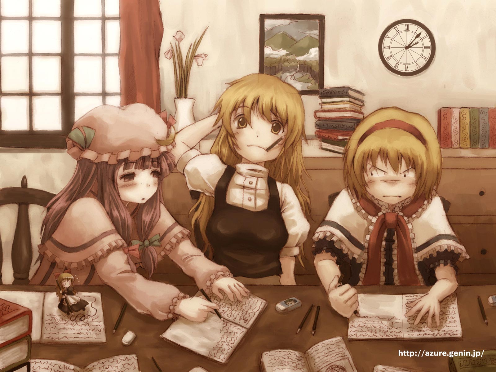 hyuuga azuri, alice margatroid, kirisame marisa, patchouli knowledge, shanghai doll, touhou, highres, 3girls, angry, blonde hair, book, book stack, capelet, clock, eraser, female focus, flower, frills, hairband, jealous, long hair, mouth hold, multiple girls, pencil, photo (object), purple hair, short hair, sitting, table, vase, window, writing