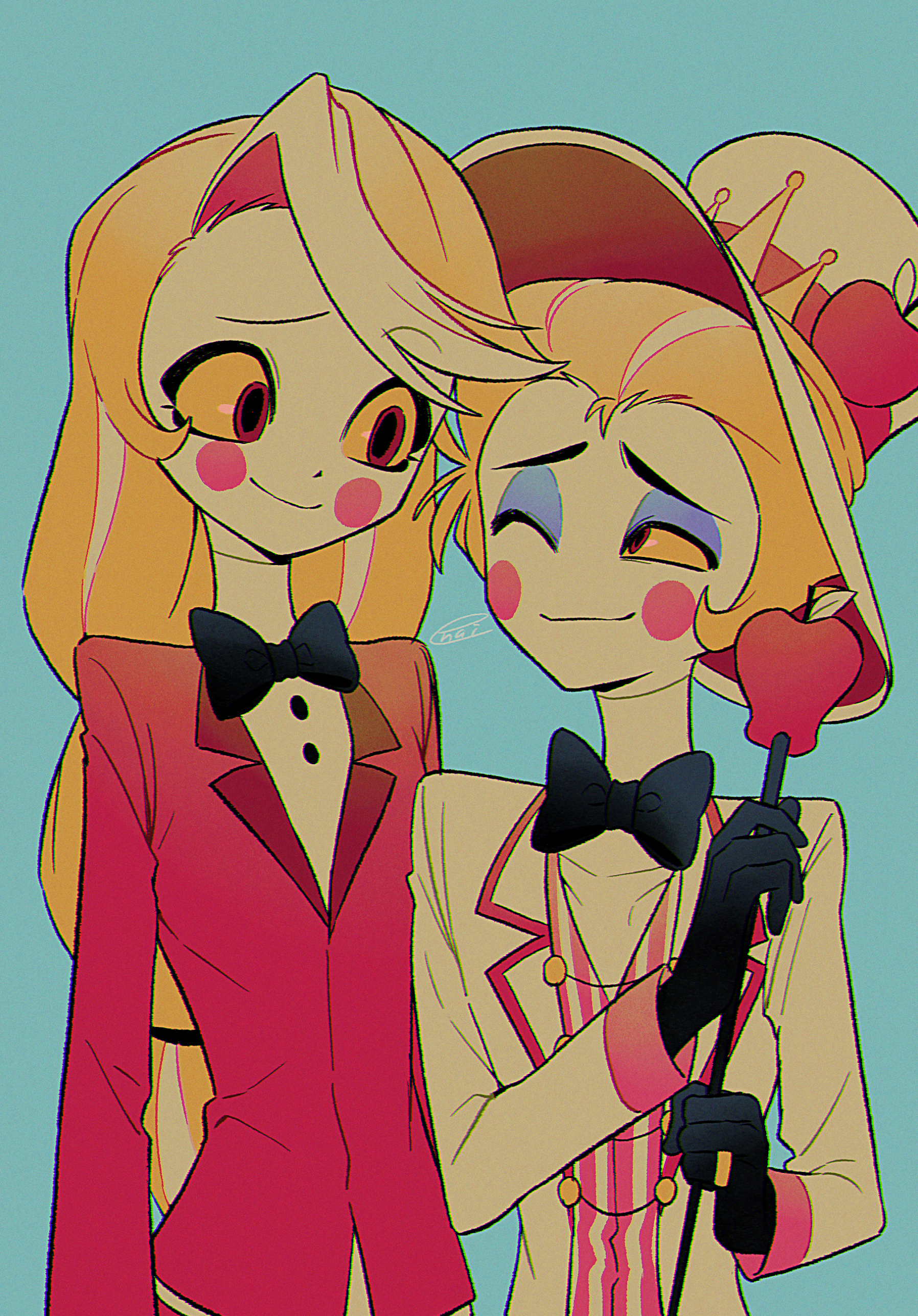 menma (enaic31), charlie morningstar, lucifer morningstar (hazbin hotel), hazbin hotel, hellaverse, absurdres, commentary request, highres, 1boy, 1girl, ;), apple print, aqua background, arms at sides, black bow, black bowtie, black gloves, blonde hair, blue eyeshadow, bow, bowtie, buttons, chromatic aberration, circle facial mark, closed mouth, colored sclera, colored skin, eye contact, eyeshadow, father and daughter, film grain, food print, fruit print, gloves, hair slicked back, hand up, hat, holding, holding staff, jacket, lapels, long hair, looking at another, low-tied long hair, makeup, multicolored hair, notched lapels, one eye closed, open clothes, open jacket, raised eyebrow, raised inner eyebrows, red eyes, red hair, red jacket, red trim, red vest, retro artstyle, shirt, short hair, signature, simple background, skinny, smile, staff, striped clothes, striped vest, top hat, traditional bowtie, two-tone hair, two-tone vest, upper body, vertical-striped clothes, vertical-striped vest, very long hair, vest, white hat, white jacket, white shirt, white skin, yellow sclera